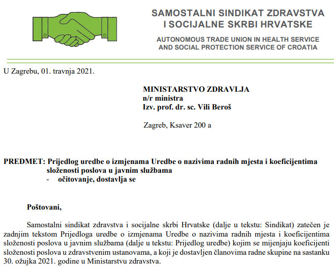 Očitovanje SSZSSH na Prijedlog uredbe o izmjenama Uredbe o nazivima radnih mjesta i koeficijentima složenosti poslova u javnim službama