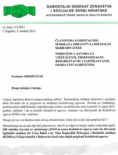 Priopćenje SSZSSH o razlozima nepotpisivanja Kolektivnog ugovora Zavoda za vještačenje, profesionalnu rehabilitaciju i zapošljavanje osoba s invaliditetom