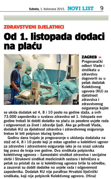 NOVI LIST o ishodu kolektivnih pregovora u zdravstvu