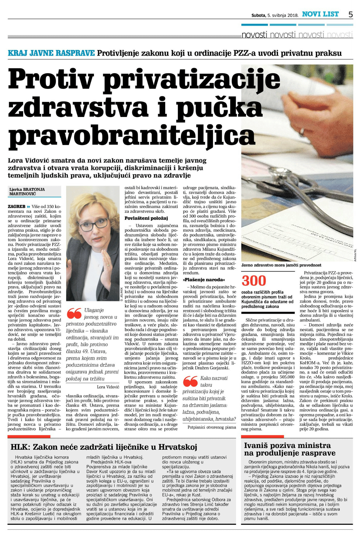 NOVI LIST o protivljenju pučke pravobraniteljice privatizaciji zdravstva