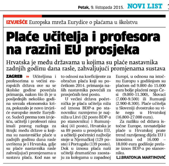 NOVI LIST o plaćama u obrazovanju