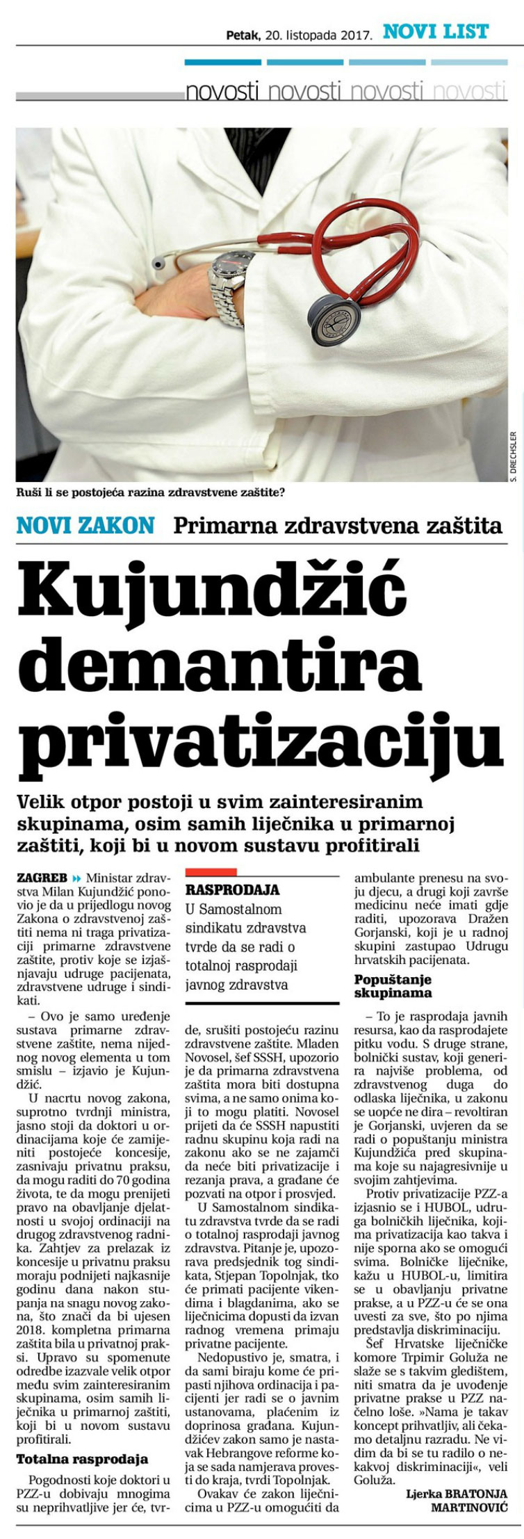 NOVI LIST o privatizaciji primarne zdravstvene zaštite