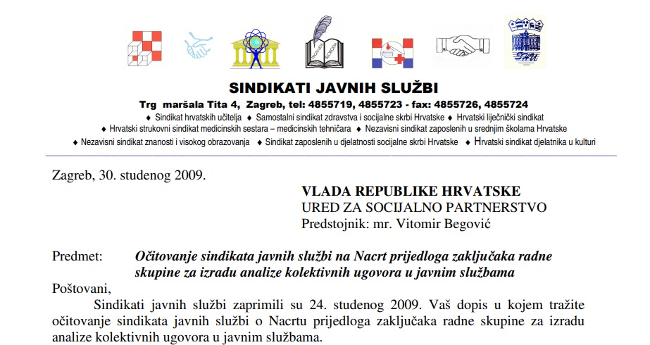 Očitovanje sindikata javnih službi na Nacrt prijedloga zaključaka radne skupine za izradu analize kolektivnih ugovora u javnim službama