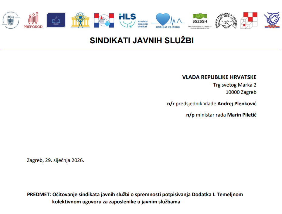 Očitovanje sindikata javnih službi o spremnosti potpisivanja Dodatka I. TKU